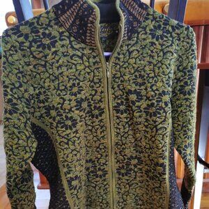 Icelandic Design Front zip Cardigan Sweater size M Olive Green & Black